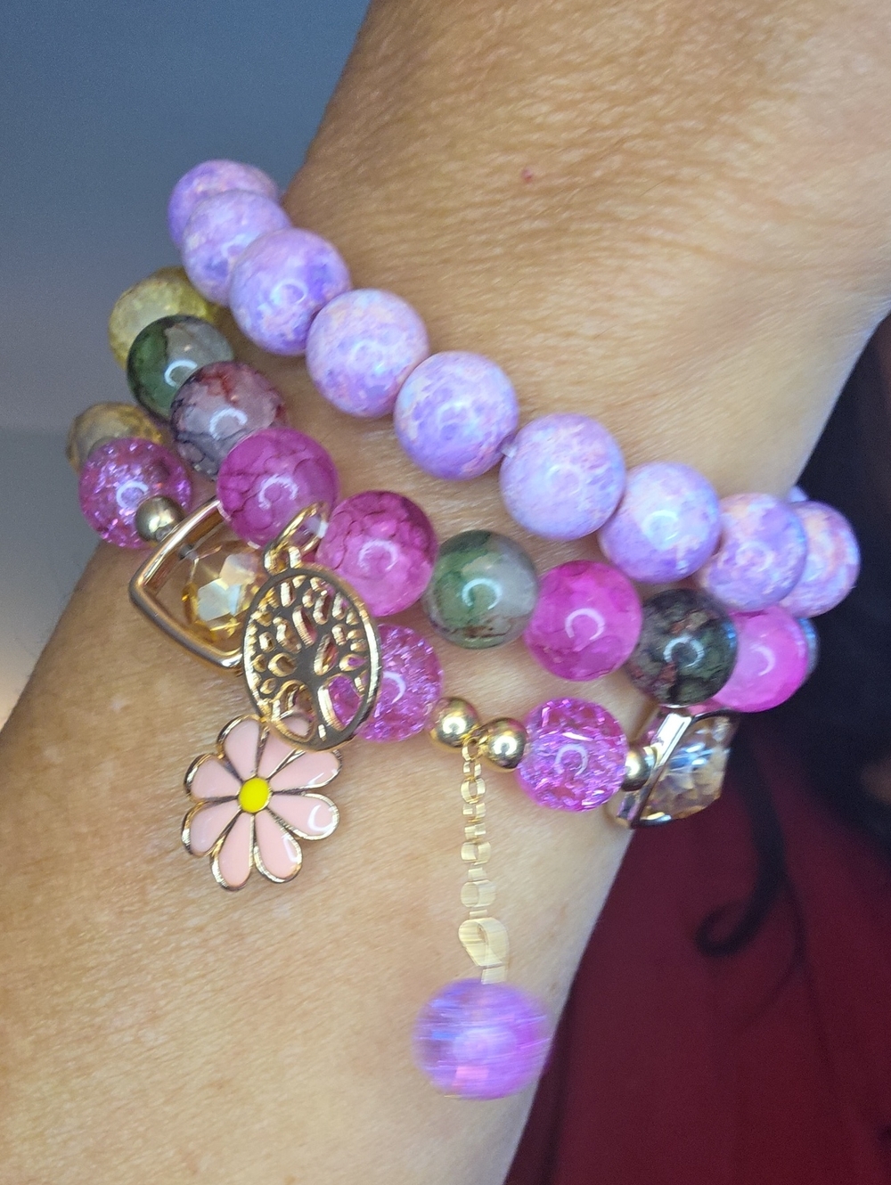 Stackable Pink and Purple Beaded Charm Bracelet Set